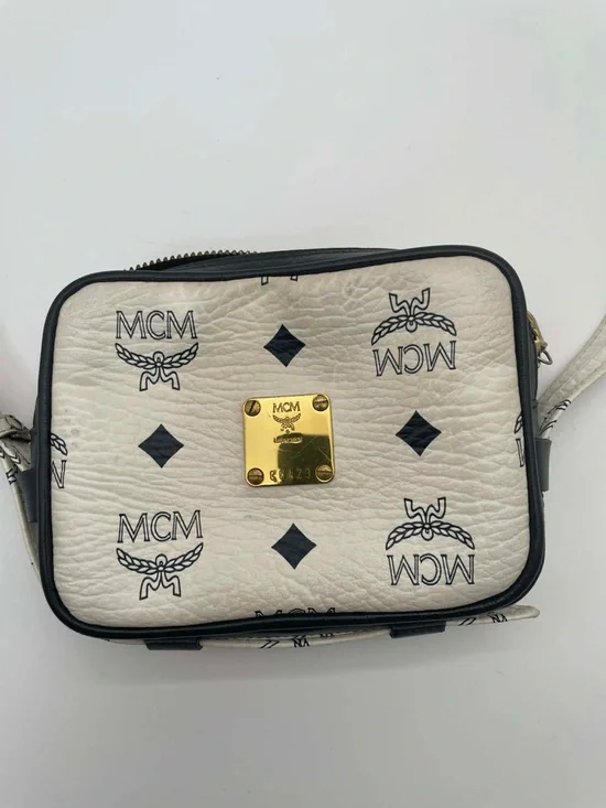 MCM Cream and Black Logo Crossbody with Gold Plaque - Picture 2 of 11